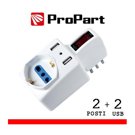 Adattatore 2pos bipasso/schuko +USB spina10A salvasp. + int.