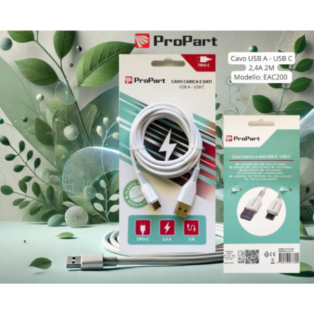 Cavo Carica e Dati Tipo-C 2.4 A. Lunghezza 2 metri Bianco