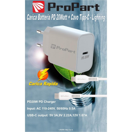Carica batterie Rapido + Cavo da Tipo-C a Lightning 3A PD 20W 