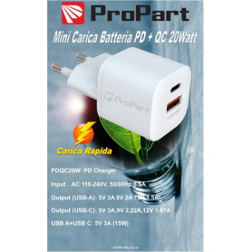 Carica Battere Rapido Mini PD + QC 20W 2 Out USB A - Type C