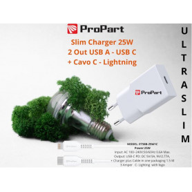 Slim Carica Batterie + Cavo Tipo C Lightning 25W 1 Out USB C