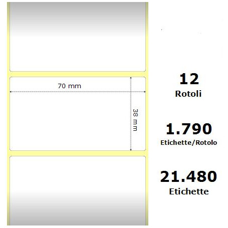 White 70x38mm,1790 Et/Rotolo Z-1000D,2.8x1.5x1Core ,12 Rolls