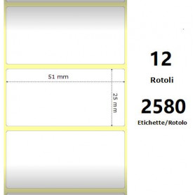 White 51x25mm, 2580 Et/Rotolo Z-2000D, 2x1x1 Core, 12 Rolls